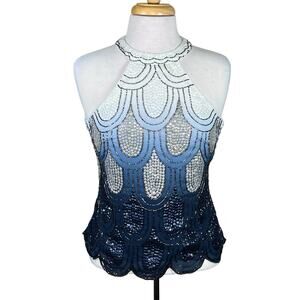 Venus Women’s Sequins & Beaded Blue & White Ombré Sleeveless Top Size 2-4